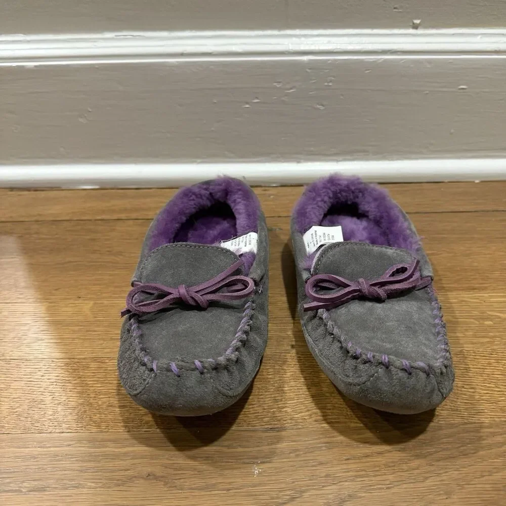 L.L. BEAN WINTER SUEDE SHEEPSKIN GRAY/PURPLE COZY MOCCASINS GIRLS SIZE 4